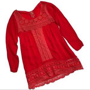 Johnny Was Red Eyelet Boho Tunic Blouse Size Small